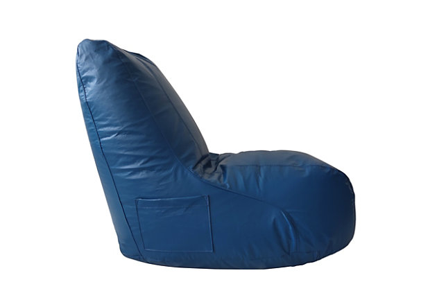 This Blue Video Bean Bag Chair with ergonomic support is sure to become your childs new favorite seat in the house! The soft, luxurious faux leather bean bag is as beatiful as it is practical. Made with polystyrene beads and a double sewn cover, this seating solution is both comfortable and durable. The bean bag is resistant to tearing thanks to the sturdy construction. The backrest provides additional comfort, and the lightweight design with a sewn on handle makes this chair moveable throughout your home. Great for reading, watching tv, playing video games, movie nights, hanging out with friends or more general relaxation. No matter the activity, this seat provides support for one's back, which allows for hours of enjoyment. Designed for ultimate comfort with superior style, this chair is great for children, teens, and even adults. Whether placed in the living room, play room, basement, bedroom, or dorm room, this soft bean bag chair will be a great addition to your family's home.Durable matte vinyl cover made from 100% polyester. | Filled with 100% polystyrene beads | Handle for easy moving. | Double stitched seams.