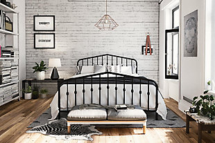 Get inspired to introduce fresh ideas into your bedroom to create a look that is both cozy and elegant. The Novogratz Bushwick Metal Bed has a simple design that will perfectly complement rooms of any style and décor. With round finials featured on the headboard and footboard posts, its style and color can be easily combined with bold colors and accessories to brighten up the room. Complete with metal slats, side rails and center legs, this bed’s sturdy construction provides full support and comfort to the body and mattress. The metal slats remove the need for any additional box spring or foundation, while also providing your mattress with much needed support and breathability. For your convenience, the Novogratz Bushwick Metal Bed has two base heights – 6" or 11" clearance, to give you the option to use the under bed space as extra storage space for seasonal clothing and accessories. Available in multiple sizes and colors, there is the perfect Bushwick for every home.Industrial modern design. Headboard and footboard feature decorative round finial posts | Sturdy metal frame construction with metal side rails for guaranteed stability and durability. | 2 base height options for convenience: 6" or 11" clearance. Does not require a box spring or additional foundation | Assembly required