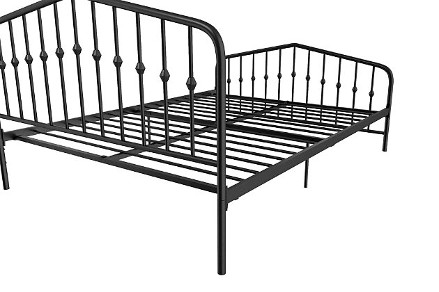 Get inspired to introduce fresh ideas into your bedroom to create a look that is both cozy and elegant. The Novogratz Bushwick Metal Bed has a simple design that will perfectly complement rooms of any style and décor. With round finials featured on the headboard and footboard posts, its style and color can be easily combined with bold colors and accessories to brighten up the room. Complete with metal slats, side rails and center legs, this bed’s sturdy construction provides support and comfort to the body and mattress. The metal slats remove the need for any additional box spring or foundation, while also providing your mattress with much needed support and breathability. For your convenience, the Novogratz Bushwick Metal Bed has two base heights – 6" or 11" clearance, to give you the option to use the under bed space as extra storage space for seasonal clothing and accessories. Available in multiple sizes and colors, there is the perfect Bushwick for every home.Industrial modern design. Headboard and footboard feature decorative round finial posts | Sturdy metal frame construction with metal side rails for guaranteed stability and durability. | 2 base height options for convenience: 6" or 11" clearance. Does not require a box spring or additional foundation | Assembly required