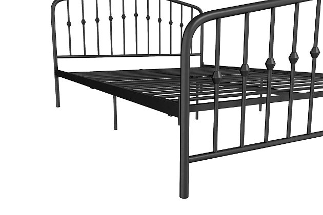 Get inspired to introduce fresh ideas into your bedroom to create a look that is both cozy and elegant. The Novogratz Bushwick Metal Bed has a simple design that will perfectly complement rooms of any style and décor. With round finials featured on the headboard and footboard posts, its style and color can be easily combined with bold colors and accessories to brighten up the room. Complete with metal slats, side rails and center legs, this bed’s sturdy construction provides full support and comfort to the body and mattress. The metal slats remove the need for any additional box spring or foundation, while also providing your mattress with much needed support and breathability. For your convenience, the Novogratz Bushwick Metal Bed has two base heights – 6" or 11" clearance, to give you the option to use the under bed space as extra storage space for seasonal clothing and accessories. Available in multiple sizes and colors, there is the perfect Bushwick for every home.Industrial modern design. Headboard and footboard feature decorative round finial posts | Sturdy metal frame construction with metal side rails for guaranteed stability and durability. | 2 base height options for convenience: 6" or 11" clearance. Does not require a box spring or additional foundation | Assembly required