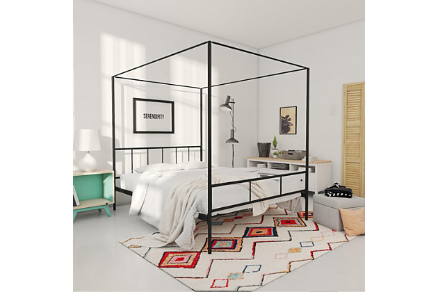 The Novogratz Marion Canopy bed is stylish and classy. Designed with a clean silhouette, this eye-catching piece is crafted in solid and sturdy metal that is stable and durable with secure metal slats that do not require a foundation. It comes with a sophisticated headboard and footboard and with metal side rails and center legs to provide full support and comfort to you and your mattress. The Marion is also practical with 11 inches of clearance beneath the bed, ideal to store things away. Just pair it with the Novogratz Atlas mattress and a comfy duvet and this artfully designed bed frame will become the centerpiece of your room!Stylish and classy design in a clean silhouette. Perfect bed frame to become the centerpiece of your bedroom | Crafted in a sturdy metal frame that includes secured metal slats as well as additional metal side rails and center legs for ensured stability and durability. Does not require foundation | Built-in headboard and footboard (bed height is 73"). Clearance beneath the bed can be used for storage (11") | Assembly required
