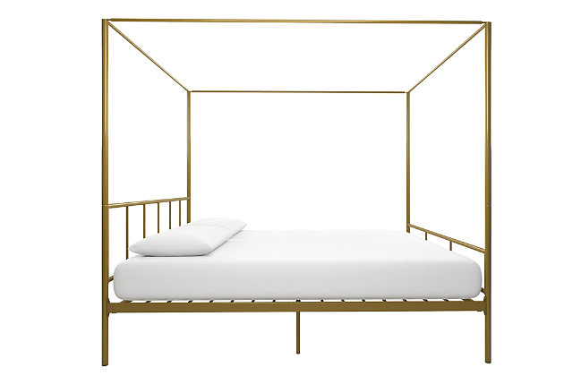 The Novogratz Marion Canopy bed is stylish and classy. Designed with a clean silhouette, this eye-catching piece is crafted in solid and sturdy metal that is stable and durable with secure metal slats that do not require a foundation. It comes with a sophisticated headboard and footboard and with metal side rails and center legs to provide support and comfort to you and your mattress. The Marion is also practical with 11 inches of clearance beneath the bed, ideal to store things away. Just pair it with the Novogratz Atlas mattress and a comfy duvet and this arty designed bed frame will become the centerpiece of your room!Stylish and classy design in a clean silhouette. Perfect bed frame to become the centerpiece of your bedroom | Crafted in a sturdy metal frame that includes secured metal slats as well as additional metal side rails and center legs for ensured stability and durability. Does not require foundation | Built-in headboard and footboard (bed height is 73"). Clearance beneath the bed can be used for storage (11") | Assembly required