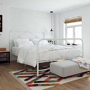 The Novogratz Francis Farmhouse Metal Bed is a chic rustic barnyard dream come true! With its rounded headboard and footboards that feature geometric-patterned finial posts, the Francis has a farmhouse feel that can elevate bedrooms of any style. Built with a sturdy metal construction, its frame includes secured metal slats, metal side rails, and additional metal center legs to offer complete support and long lasting durability. What’s more, thanks to the slats, you won’t need to purchase any additional box spring or foundation – all you need is your favorite mattress (sold separately). For added functionality, the Francis has an adjustable base height with a 6.5" or 11" clearance to accommodate your under-bed storage needs. Whether you need space for shoes or seasonal clothing, this metal bed has the small space living solution for you. The Novogratz Francis Farmhouse Metal Bed is available in multiple color and size combinations to make sure the right option is available to fit your bedroom needs!This metal bed has a rustic barnyard chic design that features geometric-patterned finial posts. | Sturdy metal construction that features metal side rails and additional metal center legs to offer support and durability. Design includes secured metal slats to allow for mattress breathability. No additional box spring or foundation required. | Adjustable base height – 6.5" or 11" clearance – to accommodate your under bed storage needs. | Assembly required