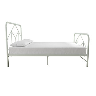 The Novogratz Francis Farmhouse Metal Bed is a chic rustic barnyard dream come true! With its rounded headboard and footboards that feature geometric-patterned finial posts, the Francis has a farmhouse feel that can elevate bedrooms of any style. Built with a sturdy metal construction, its frame includes secured metal slats, metal side rails, and additional metal center legs to offer complete support and long lasting durability. What’s more, thanks to the slats, you won’t need to purchase any additional box spring or foundation – all you need is your favorite mattress (sold separately). For added functionality, the Francis has an adjustable base height with a 6.5" or 11" clearance to accommodate your under-bed storage needs. Whether you need space for shoes or seasonal clothing, this metal bed has the small space living solution for you. The Novogratz Francis Farmhouse Metal Bed is available in multiple color and size combinations to make sure the right option is available to fit your bedroom needs!This metal bed has a rustic barnyard chic design that features geometric-patterned finial posts. | Sturdy metal construction that features metal side rails and additional metal center legs to offer support and durability. Design includes secured metal slats to allow for mattress breathability. No additional box spring or foundation required. | Adjustable base height – 6.5" or 11" clearance – to accommodate your under bed storage needs. | Assembly required
