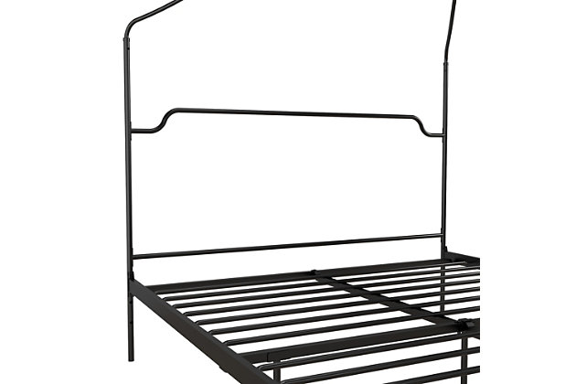 The Novogratz Camilla Metal Canopy Bed has a design that will make you feel royal. The delicately designed metal frame has a vintage style that will add instant sophistication to your bedroom. The four canopy posts meet in the middle to create a piece that will make a beautiful statement and complement the rest of your room décor. The Camilla’s all-metal frame includes side rails, additional center legs, and secured slats to provide stability and durability. The secured metal slats also remove the need to purchase any additional box spring or foundation as they offer mattress support and breathability for long-lasting comfort. What’s more, the mattress base is adjustable to allow you to convert it between a 6.5" and 11" clearance depending on your under bed storage needs. This means you will now have a place to store your seasonal clothing you can’t seem to find the space for. Available in multiple colors, the Novogratz Camilla Metal Canopy Bed is offered in Twin, Full, Queen and King size. Mattress sold separately.Delicately designed vintage style metal canopy bed that will add royal sophistication to your bedroom. | Strong metal frame that includes side rails, additional center legs, and secured slats to provide stability and durability. No additional box spring or foundation required. | Adjustable base height that converts between 6.5" and 11" clearance to accommodate your storage needs. | Assembly required