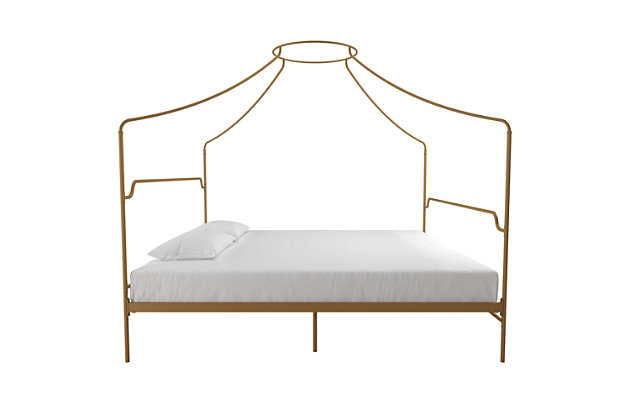 The Novogratz Camilla Metal Canopy Bed has a design that will make you feel royal. The delicately designed metal frame has a vintage style that will add instant sophistication to your bedroom. The four canopy posts meet in the middle to create a piece that will make a beautiful statement and complement the rest of your room décor. The Camilla’s all-metal frame includes side rails, additional center legs, and secured slats to provide stability and durability. The secured metal slats also remove the need to purchase any additional box spring or foundation as they offer mattress support and breathability for long-lasting comfort. What’s more, the mattress base is adjustable to allow you to convert it between a 6.5" and 11" clearance depending on your under bed storage needs. This means you will now have a place to store your seasonal clothing you can’t seem to find the space for. Available in multiple colors, the Novogratz Camilla Metal Canopy Bed is offered in Twin, Full, Queen and King size. Mattress sold separately.Delicately designed vintage style metal canopy bed that will add royal sophistication to your bedroom. | Strong metal frame that includes side rails, additional center legs, and secured slats to provide stability and durability. No additional box spring or foundation required. | Adjustable base height that converts between 6.5" and 11" clearance to accommodate your storage needs. | Assembly required