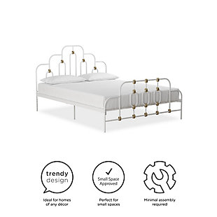 The Novogratz Olivia Metal Bed is a showstopper. Its design features a statement headboard and footboard with gold detailing that give the all-metal frame a vintage design with a touch of modern flair to fit with today’s interior décor trends. The Olivia’s sturdy frame includes side rails, additional center legs, and secure slats to provide utmost support and stability for you and your mattress! Thanks to that slats, you also don’t need to purchase any additional box spring or foundation. The Olivia’s most functional feature is its adjustable base height. This means that, depending on your storage needs, you can adjust the bed frame between a 6.5" or 11" clearance to provide the perfect amount of under bed storage for you! Available in black and white, the Novogratz Olivia Metal Bed is offered in Twin, Full, Queen and King size. Mattress sold separately. Ships in one box and assembles quickly.Vintage and whimsical design with gold detailing in the headboard and footboard. | Adjustable base height – 6.5" or 11" under bed clearance – to accommodate your storage needs. | Sturdy metal frame with metal side rails, additional metal center legs and secured metal slats for support and stability. No additional box spring or foundation required. | Assembly required