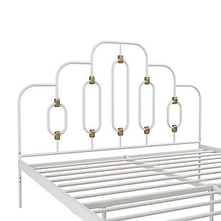 The Novogratz Olivia Metal Bed is a showstopper. Its design features a statement headboard and footboard with gold detailing that give the all-metal frame a vintage design with a touch of modern flair to fit with today’s interior décor trends. The Olivia’s sturdy frame includes side rails, additional center legs, and secure slats to provide utmost support and stability for you and your mattress! Thanks to that slats, you also don’t need to purchase any additional box spring or foundation. The Olivia’s most functional feature is its adjustable base height. This means that, depending on your storage needs, you can adjust the bed frame between a 6.5" or 11" clearance to provide the perfect amount of under bed storage for you! Available in black and white, the Novogratz Olivia Metal Bed is offered in Twin, Full, Queen and King size. Mattress sold separately. Ships in one box and assembles quickly.Vintage and whimsical design with gold detailing in the headboard and footboard. | Adjustable base height – 6.5" or 11" under bed clearance – to accommodate your storage needs. | Sturdy metal frame with metal side rails, additional metal center legs and secured metal slats for support and stability. No additional box spring or foundation required. | Assembly required
