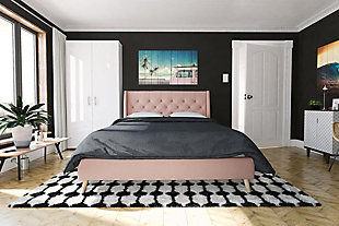 Get the royal treatment with the luxurious Her Majesty bed from Novogratz. The wingback headboard is covered in elegant tufted linen, which extends all the way around the equally stunning bed base. Thanks to the unique bentwood slat system, you’ll enjoy superior back support with excellent pressure distribution. As well, the slats allow air to pass freely beneath your bed, keeping you cool and ensuring your mattress maintains its freshness and lasts for years to come. The four wooden legs are slanted for maximum support, with an extra two metal legs and center rail providing additional structure and comfort. No need for a box spring or foundation either—just add a coil or memory-foam bed mattress and luxury bedding, then settle down for a great night’s sleep! The classic design with regal touches makes this bed frame the perfect addition to any bedroom or an ideal choice for a guest bed.Stylish linen upholstery with wingback in a sturdy metal and wood frame | Tufted detailing on headboard with slanted wood legs | Bentwood slat system provides great ventilation and excellent pressure distribution. Slat bases allow air to pass freely beneath your bed, keeping your mattress fresher longer. Additional foundation not required | Assembly required