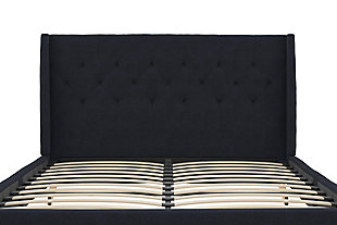 Get the royal treatment with the luxurious Her Majesty bed from Novogratz. The wingback headboard is covered in elegant tufted linen, which extends all the way around the equally stunning bed base. Thanks to the unique bentwood slat system, you’ll enjoy superior back support with excellent pressure distribution. As well, the slats allow air to pass freely beneath your bed, keeping you cool and ensuring your mattress maintains its freshness and lasts for years to come. The four wooden legs are slanted for maximum support, with an extra two metal legs and center rail providing additional structure and comfort. No need for a box spring or foundation either—just add a coil or memory-foam bed mattress and luxury bedding, then settle down for a great night’s sleep! The classic design with regal touches makes this bed frame the perfect addition to any bedroom or an ideal choice for a guest bed.Stylish linen upholstery with wingback in a sturdy metal and wood frame | Tufted detailing on headboard with slanted wood legs | Bentwood slat system provides great ventilation and excellent pressure distribution. Slat bases allow air to pass freely beneath your bed, keeping your mattress fresher longer. Additional foundation not required | Assembly required