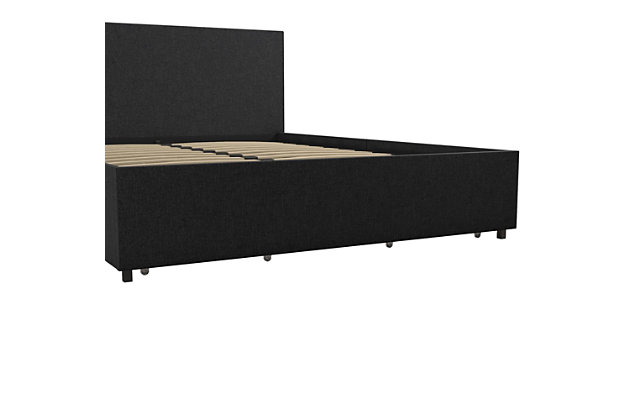 Beauty begins with the Novogratz Kelly Upholstered Bed with Storage! With a modern style, simple clean lines and linen upholstery, this bed is the keynote of elegance and the perfect addition to your room. The well-designed bed frame combines fashion with its chic colors and function with convenient storage compartment. The drawers underneath the bed provide extra storage space for anything you need, from bed sheets to accessories or off-season clothing. The frame is made with sturdy wood and includes strong secured wooden slat system, a center rail and supporting side rails to keep you comfy without the slightest worry. The Kelly does not require a box spring or foundation, just add your mattress and a pop of color and you are good to go! Available in multiple color and size options.Modern design in a silhouette with clean lines upholstered in linen | Includes four drawers that lock in place for additional storage | Bentwood slat support system does not require a box spring or additional foundation. Center legs and metal side rails provide additional support and stability | Assembly required