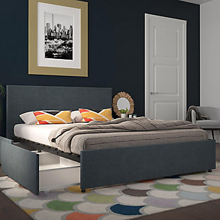 Kelly Queen Upholstered Bed with Storage, Navy, rollover