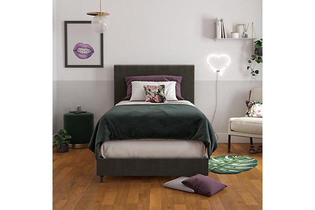 You can stop loo right now, the Z by Novogratz Taylor Upholstered Bed is the understated centerpiece you have been loo for! Perfect to redecorate your room at home or furnish your dorm for freshman year, the Taylor is simple enough that it will blend in with any décor, yet trendy enough that it will add some effortless modern style to your bedroom. Designed with a velvet upholstered headboard and base, the Taylor is the best way to get a chic bedframe without having to use all your savings! It is built with a strong metal frame that includes metal side rails, as well as three metal rails with extra metal center legs to provide additional support and stability. This bedframe requires an additional box spring or foundation (sold separately). Available in multiple trendy colors and a wide variety of sizes so that you can find the perfect Taylor for you!Simple, classic design with velvet upholstery and modern rectangular headboard. | Strong metal frame with additional center metal legs for support. | Box spring required (sold separately). | Assembly required