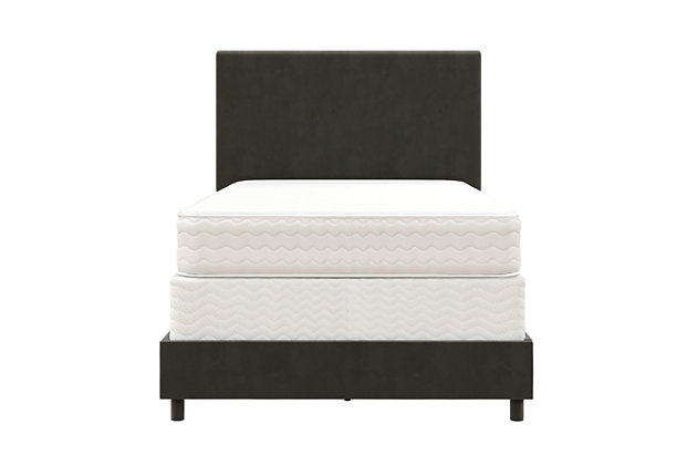 You can stop loo right now, the Z by Novogratz Taylor Upholstered Bed is the understated centerpiece you have been loo for! Perfect to redecorate your room at home or furnish your dorm for freshman year, the Taylor is simple enough that it will blend in with any décor, yet trendy enough that it will add some effortless modern style to your bedroom. Designed with a velvet upholstered headboard and base, the Taylor is the best way to get a chic bedframe without having to use all your savings! It is built with a strong metal frame that includes metal side rails, as well as three metal rails with extra metal center legs to provide additional support and stability. This bedframe requires an additional box spring or foundation (sold separately). Available in multiple trendy colors and a wide variety of sizes so that you can find the perfect Taylor for you!Simple, classic design with velvet upholstery and modern rectangular headboard. | Strong metal frame with additional center metal legs for support. | Box spring required (sold separately). | Assembly required