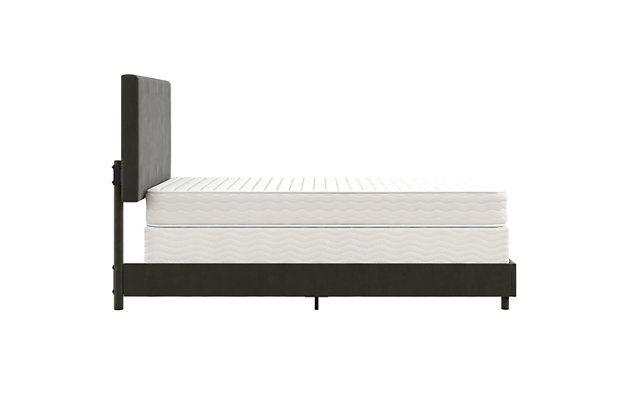 You can stop looking right now, the Z by Novogratz Taylor Upholstered Bed is the understated centerpiece you have been looking for! Perfect to redecorate your room at home or furnish your dorm for freshman year, the Taylor is simple enough that it will blend in with any décor, yet trendy enough that it will add some effortless modern style to your bedroom. Designed with a velvet upholstered headboard and base, the Taylor is the best way to get a chic bedframe without having to use all your savings! It is built with a strong metal frame that includes metal side rails, as well as three metal rails with extra metal center legs to provide additional support and stability. This bedframe requires an additional box spring or foundation (sold separately). Available in multiple trendy colors and a wide variety of sizes so that you can find the perfect Taylor for you!Simple, classic design with velvet upholstery and modern rectangular headboard. | Strong metal frame with additional center metal legs for support. | Box spring required (sold separately). | Assembly required