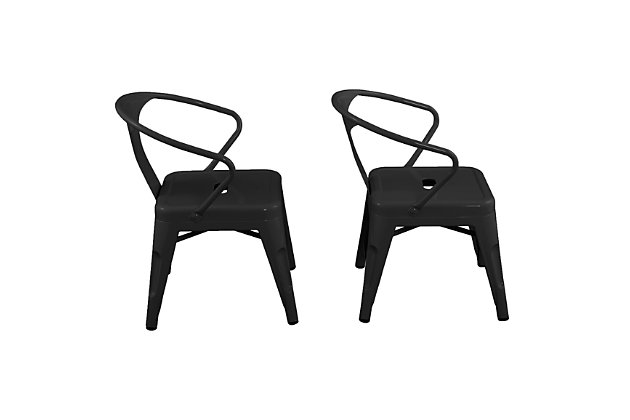 Complete your little one's play space with the ACEssentials Harper and Hudson Kids Activity Chairs. This set includes two y-assembled chairs with rounded corners that are perfect for use at child-size desks, tables, and more. When paired with the ACEssentials Harper and Hudson Kids Metal Tables or used on their own as chairs, they are a great addition to your playroom, living room, or kitchen. These kids chairs are designed with protective non-skid feet that keep the stools in place and prevent them from scratching the floor. The durable steel construction with a black finish offers long-lasting style through all of your child's favorite activities and is easy to wipe clean after everyday messes. Designed with kids in mind, each chair measures 16.9" x 16.5" x 21.2" to provide comfortable seating for your little ones. Add a modern look to your child's space with the ACEssentials Harper and Hudson Kids Chairs!SET OF 2 KID-SIZE METAL CHAIRS: Includes two y-assembled metal chairs with rounded corners that are perfect for use at child-size desks, tables, and more | VERSATILE DESIGN: Great addition to your playroom, living room, or kitchen when paired with the ACEssentials kids tables or used on their own | NON-SKID FEET: Protective non-skid feet keep the stools in place and prevent them from scratching the floor | DURABLE STEEL CONSTRUCTION: Durable steel construction with black finish provides long-lasting style and easily wipes clean after everyday messes | PERFECT SIZE FOR CHILDREN: Each stool measures 16.9" x 16.5" x 21.2" to offer comfortable seating for your little ones
