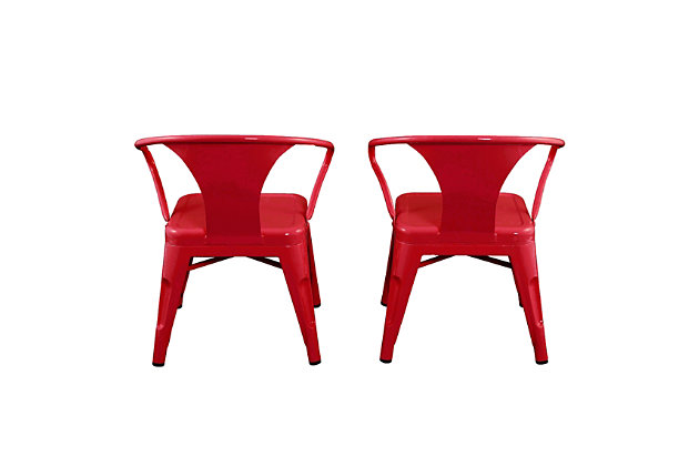 Complete your little one's play space with the ACEssentials Harper and Hudson Kids Activity Chairs. This set includes two fully-assembled chairs with rounded corners that are perfect for use at child-size desks, tables, and more. When paired with the ACEssentials Harper and Hudson Kids Metal Tables or used on their own as chairs, they are a great addition to your playroom, living room, or kitchen. These kids chairs are designed with protective non-skid feet that keep the stools in place and prevent them from scratching the floor. The durable steel construction with a red finish offers long-lasting style through all of your child's favorite activities and is easy to wipe clean after everyday messes. Designed with kids in mind, each chair measures 16.9" x 16.5" x 21.2" to provide comfortable seating for your little ones. Add a modern look to your child's space with the ACEssentials Harper and Hudson Kids Chairs!SET OF 2 KID-SIZE METAL CHAIRS: Includes two fully-assembled metal chairs with rounded corners that are perfect for use at child-size desks, tables, and more | VERSATILE DESIGN: Great addition to your playroom, living room, or kitchen when paired with the ACEssentials kids tables | NON-SKID FEET: Protective non-skid feet keep the chairs in place and prevent them from scratching the floor | DURABLE STEEL CONSTRUCTION: Durable steel construction with red finish provides long-lasting style and easily wipes clean after everyday messes | PERFECT SIZE FOR CHILDREN: Each stool measures 16.9" x 16.5" x 21.2" to offer comfortable seating for your little ones