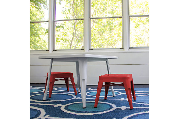 Complete your little one's play space with the ACEssentials Harper and Hudson Kids Metal Stools. This set includes two fully-assembled stools with rounded corners that are perfect for use at child-size desks, tables, and more. When paired with the ACEssentials Harper and Hudson Kids Metal Tables or used on their own as step stools, they are a great addition to your playroom, living room, or kitchen. These kids stools are designed with protective non-skid feet that keep the stools in place and prevent them from scratching the floor. The durable steel construction with a red finish offers long-lasting style through all of your child's favorite activities and is easy to wipe clean after everyday messes. Designed with kids in mind, each stool measures 16.6" x 14.6" x 12" to provide comfortable seating for your little ones. Add a modern look to your child's space with the ACEssentials Harper and Hudson Kids Metal Stools!SET OF 2 KID-SIZE METAL STOOLS: Includes two fully-assembled metal stools with rounded corners that are perfect for use at child-size desks, tables, and more | VERSATILE DESIGN: Great addition to your playroom, living room, or kitchen when paired with the ACEssentials kids tables or used on their own as step stools | NON-SKID FEET: Protective non-skid feet keep the stools in place and prevent them from scratching the floor | DURABLE STEEL CONSTRUCTION: Durable steel construction with red finish provides long-lasting style and easily wipes clean after everyday messes | PERFECT SIZE FOR CHILDREN: Each stool measures 16.6" x 14.6" x 12" to offer comfortable seating for your little ones