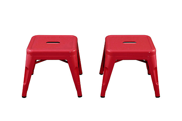 Complete your little one's play space with the ACEssentials Harper and Hudson Kids Metal Stools. This set includes two fully-assembled stools with rounded corners that are perfect for use at child-size desks, tables, and more. When paired with the ACEssentials Harper and Hudson Kids Metal Tables or used on their own as step stools, they are a great addition to your playroom, living room, or kitchen. These kids stools are designed with protective non-skid feet that keep the stools in place and prevent them from scratching the floor. The durable steel construction with a red finish offers long-lasting style through all of your child's favorite activities and is easy to wipe clean after everyday messes. Designed with kids in mind, each stool measures 16.6" x 14.6" x 12" to provide comfortable seating for your little ones. Add a modern look to your child's space with the ACEssentials Harper and Hudson Kids Metal Stools!SET OF 2 KID-SIZE METAL STOOLS: Includes two fully-assembled metal stools with rounded corners that are perfect for use at child-size desks, tables, and more | VERSATILE DESIGN: Great addition to your playroom, living room, or kitchen when paired with the ACEssentials kids tables or used on their own as step stools | NON-SKID FEET: Protective non-skid feet keep the stools in place and prevent them from scratching the floor | DURABLE STEEL CONSTRUCTION: Durable steel construction with red finish provides long-lasting style and easily wipes clean after everyday messes | PERFECT SIZE FOR CHILDREN: Each stool measures 16.6" x 14.6" x 12" to offer comfortable seating for your little ones