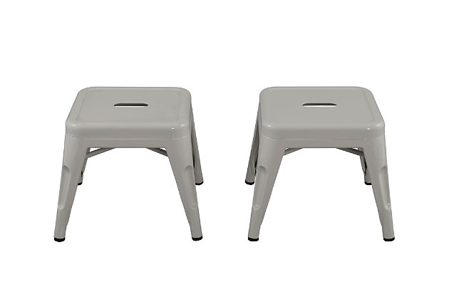 Complete your little one's play space with the ACEssentials Harper and Hudson Kids Metal Stools. This set includes two fully-assembled stools with rounded corners that are perfect for use at child-size desks, tables, and more. When paired with the ACEssentials Harper and Hudson Kids Metal Tables or used on their own as step stools, they are a great addition to your playroom, living room, or kitchen. These kids stools are designed with protective non-skid feet that keep the stools in place and prevent them from scratching the floor. The durable steel construction with a gray finish offers long-lasting style through all of your child's favorite activities, making them easy to wipe clean after everyday messes. Designed with kids in mind, each stool measures 16.6" x 14.6" x 12" to provide comfortable seating for your little ones. Add a modern look to your child's space with the ACEssentials Harper and Hudson Kids Metal Stools!SET OF 2 KID-SIZE METAL STOOLS: Includes two fully-assembled metal stools with rounded corners that are perfect for use at child-size desks, tables, and more | VERSATILE DESIGN: Great addition to your playroom, living room, or kitchen when paired with the ACEssentials kids tables or used on their own as step stools | NON-SKID FEET: Protective non-skid feet keep the stools in place and prevent them from scratching the floor | DURABLE STEEL CONSTRUCTION: Durable steel construction with gray finish provides long-lasting style and easily wipes clean after everyday messes | PERFECT SIZE FOR CHILDREN: Each stool measures 16.6" x 14.6" x 12" to offer comfortable seating for your little ones