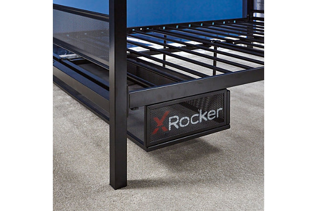 Upgrade your gaming setup with the X Rocker Basecamp Gaming Bed. This full size bed features a sleek black design with contrasting X Rocker branding for a modern look. The under-bed storage cavity with a metal mesh frame allows air flow and prevents consoles from overheating. With a sturdy metal frame and slats, this bed is designed with long-lasting durability in mind. With its mix of comfort and technology, this bed gives the dedicated gamer the ultimate gaming experience they deserve. Measuring 77.64" x 56.3" x 36.22" with a weight capacity of 220 lbs, this bed is the perfect size for gaming and relaxing at the end of the day. This version does not have a TV mount.GAMING BED: Upgrade your setup for the ultimate gaming experience with this full size bed's sleek black design with contrasting X Rocker branding | MODERN DESIGN: Bed features a sleek design and mix of comfort and technology for a modern look | UNDER-BED STORAGE: Under-bed storage cavity with a metal mesh frame allows air flow and prevents consoles from overheating | DURABLE: Sturdy metal frame and slats guarantee long-lasting durability | FULL SIZE: Measuring 77.64" x 56.3" x 36.22" with a weight capacity of 220 lbs, this full bed is the perfect size for gaming and relaxing at the end of the day