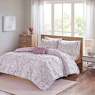 Mia Plum Twin/Twin XL Metallic Printed and Pintucked Duvet Cover Set, Plum, rollover