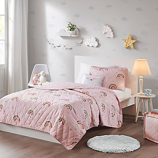 Linnea Pink Twin Rainbow with Metallic Printed Stars Complete Bed and Sheet Set, Pink, rollover