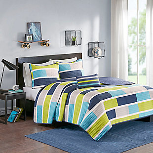 Loryn Blue/Lime Green Twin/Twin XL Reversible Coverlet Set, Blue/Lime Green, rollover