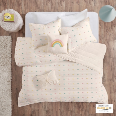 Virginia Multi Twin Cotton Jacquard Pom Pom Coverlet Set, Multi, rollover