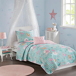Gianna  Aqua/Pink Twin Printed Mermaid Comforter Set, Aqua/Pink, rollover