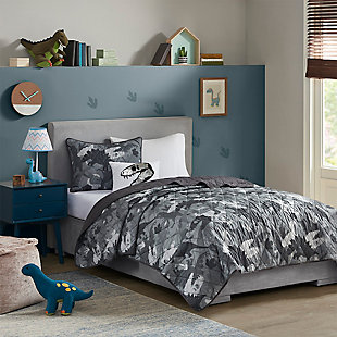 Billie  Grey Twin Printed Dino Camo Reversible Coverlet Set, Gray, rollover