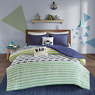 Sutton  Green / Navy Twin Shark Cotton Comforter Set, Green/Navy, rollover