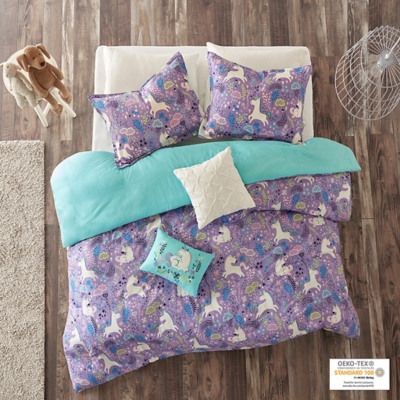 Bridgette Purple Twin Unicorn Cotton Duvet Cover Set