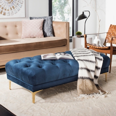 Zarya Tufted Rectangular Bench, Navy/Brass, rollover
