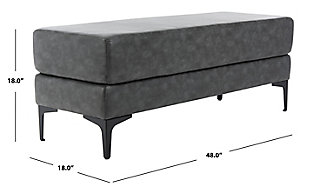 The Elise Rectangular Bench is a handsome accent piece that will enrich the look and feel of the living room, bedroom or entryway. Elise proudly showcases a slender profile and thick-cushioned top luxuriously upholstered in faux leather and supported by shapely legs in a sleek black finish. This bench is transitionally styled to blend with a variety of decor.Made with engineered wood |  Metal legs with black finish  | Upholstered in soft gray faux leather over thick-cushioned seat |  Assembly required
