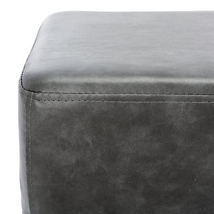 The Elise Rectangular Bench is a handsome accent piece that will enrich the look and feel of the living room, bedroom or entryway. Elise proudly showcases a slender profile and thick-cushioned top luxuriously upholstered in faux leather and supported by shapely legs in a sleek black finish. This bench is transitionally styled to blend with a variety of decor.Made with engineered wood |  Metal legs with black finish  | Upholstered in soft gray faux leather over thick-cushioned seat |  Assembly required