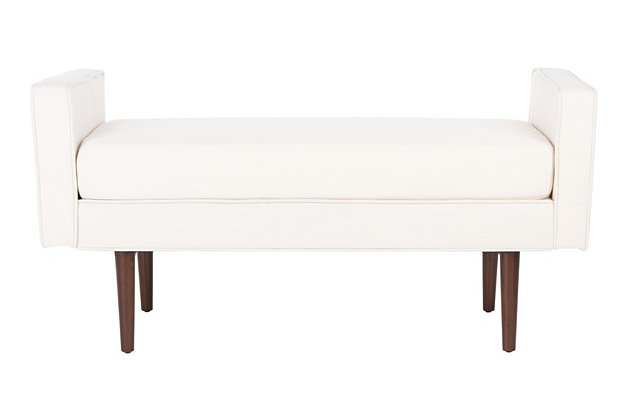 The Henri Mid-Century Bench perfectly blends cushion-soft comfort and Sutton Place elegance. An ideal perch for the master suite, living room or entryway, Henri is y upholstered in soft linen with showy cushioned armrests for luxurious lounging.Made with engineered wood | Beige linen upholstery over cushioned seat and armrests | Walnut finish on legs |  assembly required