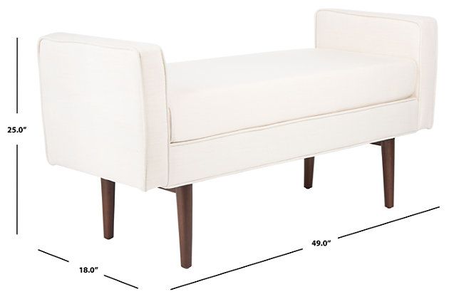 The Henri Mid-Century Bench perfectly blends cushion-soft comfort and Sutton Place elegance. An ideal perch for the master suite, living room or entryway, Henri is fully upholstered in soft linen with showy cushioned armrests for luxurious lounging.Made with engineered wood | Beige linen upholstery over cushioned seat and armrests | Walnut finish on legs |  assembly required