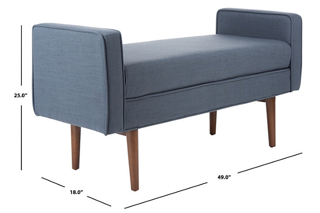 The Henri Mid-Century Bench perfectly blends cushion-soft comfort and Sutton Place elegance. An ideal perch for the master suite, living room or entryway, Henri is fully upholstered in soft linen with showy cushioned armrests for luxurious lounging.Made with engineered wood | Navy linen upholstery over cushioned seat and armrests | Walnut finish on legs |  assembly required