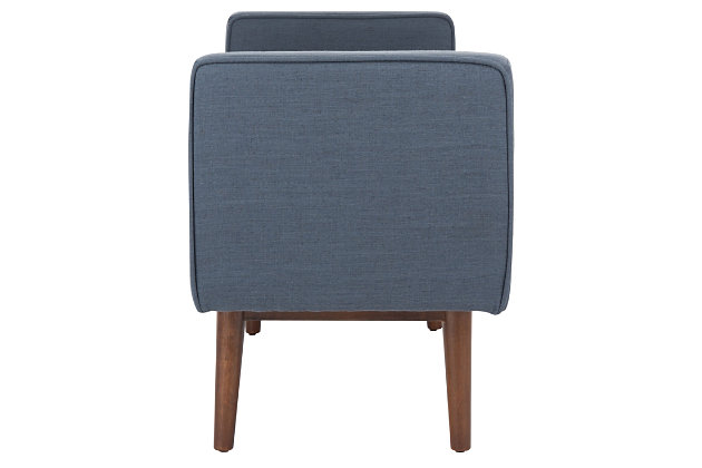 The Henri Mid-Century Bench perfectly blends cushion-soft comfort and Sutton Place elegance. An ideal perch for the master suite, living room or entryway, Henri is fully upholstered in soft linen with showy cushioned armrests for luxurious lounging.Made with engineered wood | Navy linen upholstery over cushioned seat and armrests | Walnut finish on legs |  assembly required