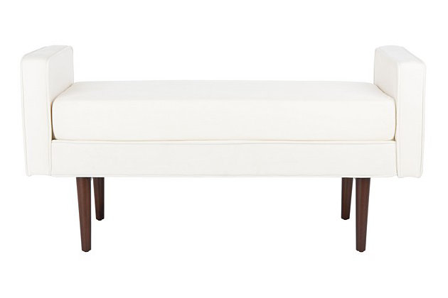 The Henri Mid-Century Bench perfectly blends cushion-soft comfort and Sutton Place elegance. An ideal perch for the master suite, living room or entryway, Henri is fully upholstered in soft velvet with showy cushioned armrests for luxurious lounging.Made with engineered wood | Linen upholstery over cushioned seat and armrests | Walnut finish on legs |  assembly required