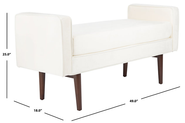 The Henri Mid-Century Bench perfectly blends cushion-soft comfort and Sutton Place elegance. An ideal perch for the master suite, living room or entryway, Henri is fully upholstered in soft velvet with showy cushioned armrests for luxurious lounging.Made with engineered wood | Linen upholstery over cushioned seat and armrests | Walnut finish on legs |  assembly required