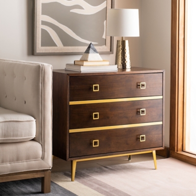 Katia 3 Drawer Chest, Walnut/Gold