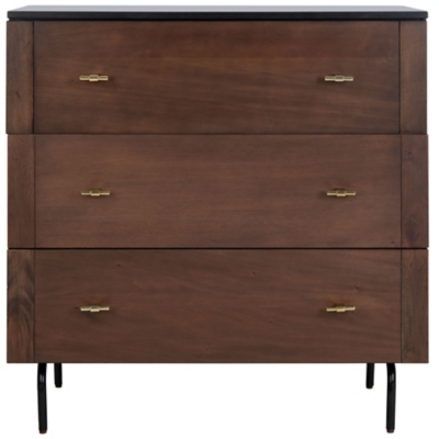 Wide brown wooden dresser with three large drawers and gold-tone handles, black metal legs