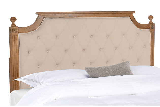 The fine antiques in a famous boutique hotel in Zurich inspired the finely crafted woodwork of this regally appointed headboard. A designer favorite, it’s upholstered with tufted linen in a timeless palette to complement tasteful interiors.Made with wood | Upholstered with beige tufted linen over padding | Headboard only | Assembly required