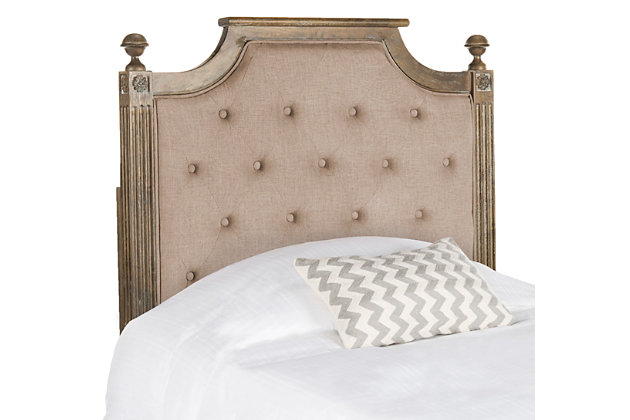 The fine antiques in a famous boutique hotel in Zurich inspired the finely crafted woodwork of this regally appointed headboard. A designer favorite, it’s upholstered with tufted linen in a timeless palette to complement tasteful interiors.Made with wood | Upholstered with taupe tufted linen over padding | Headboard only | Assembly required