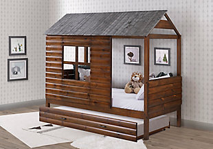Donco Kids Twin Log Cabin Low Loft In Rustic Walnut/Rustic Silver Finish W/Twin Trundle Bed, , rollover