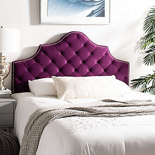 Furnishings in the hotel suite that's a second home to the residents of Buckingham Palace inspired this tufted velvet headboard. Designed for the boudoir of a modern princess, its upholstery is adorned with polished nailhead detail.Made with wood | Upholstered in aubergine tufted polyester over padding | Nailhead trim with polished silvertone finish | Headboard only | Assembly required