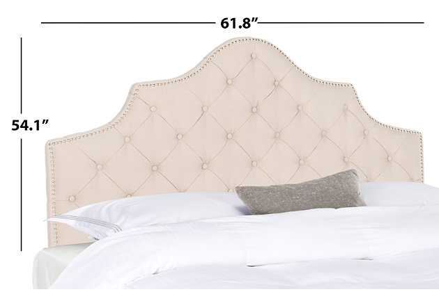 Lavish upholstery and expert tailoring create the aura of European elegance in the Arebelle tufted headboard. The classic camelback silhouette is outlined with nailhead trim accenting richly button-tufted natural linen.Made with wood | Upholstered in taupe tufted linen over padding | Nailhead trim with silvertone finish | Headboard only | Assembly required