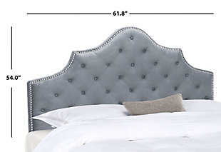 In the heart of Paris’ Marais district is the boutique hotel whose interiors inspired the graceful curves and sumptuous upholstery of this tufted headboard. Detailed with striking nailhead trim, its deluxe style makes the boudoir a five-star stay.Made with wood | Upholstered in gray tufted polyester over padding | Nailhead trim with polished silvertone finish | Headboard only | Assembly required